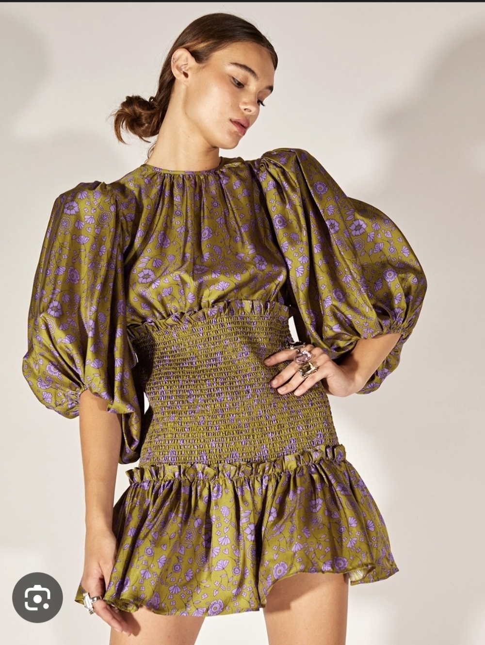 Cynthia Rowley Ayln Smocked 100% Silk Twill Dress in Green Purple